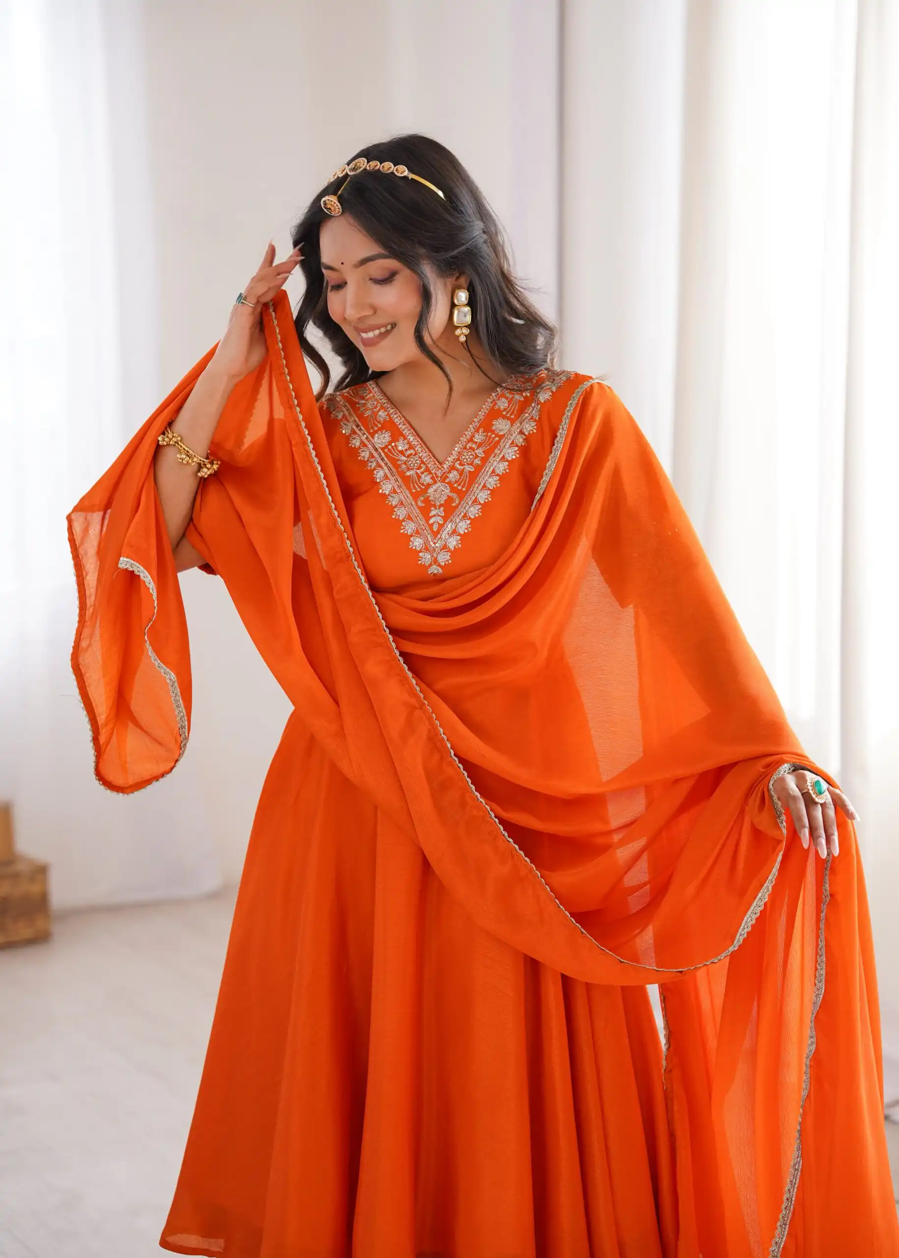 Glowing Orange Chinon Silk Sequin Work Salwar Suit