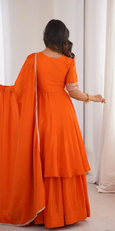 Glowing Orange Chinon Silk Sequin Work Salwar Suit