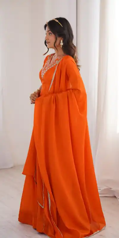 Glowing Orange Chinon Silk Sequin Work Salwar Suit