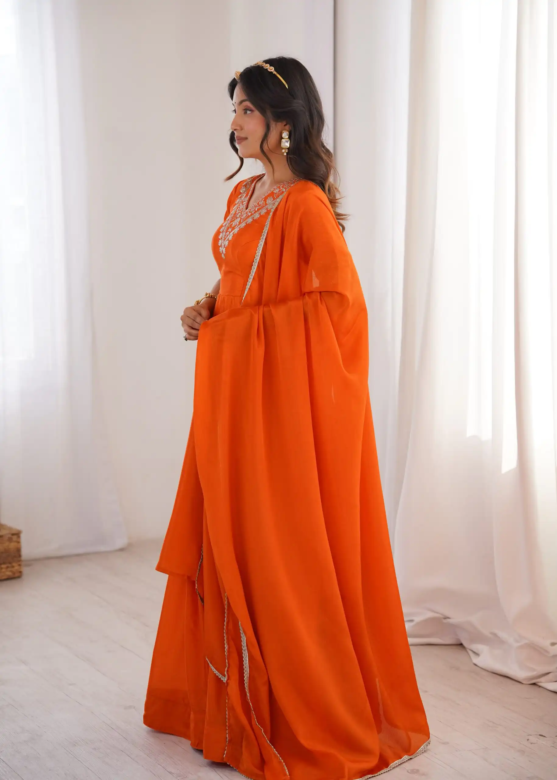 Glowing Orange Chinon Silk Sequin Work Salwar Suit