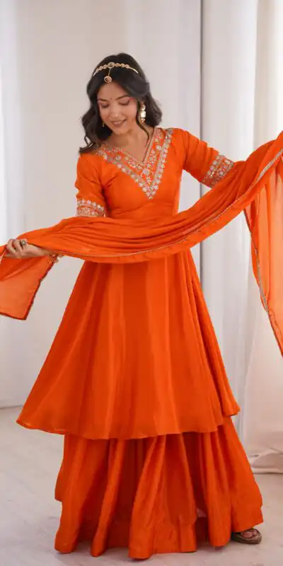 Glowing Orange Chinon Silk Sequin Work Salwar Suit