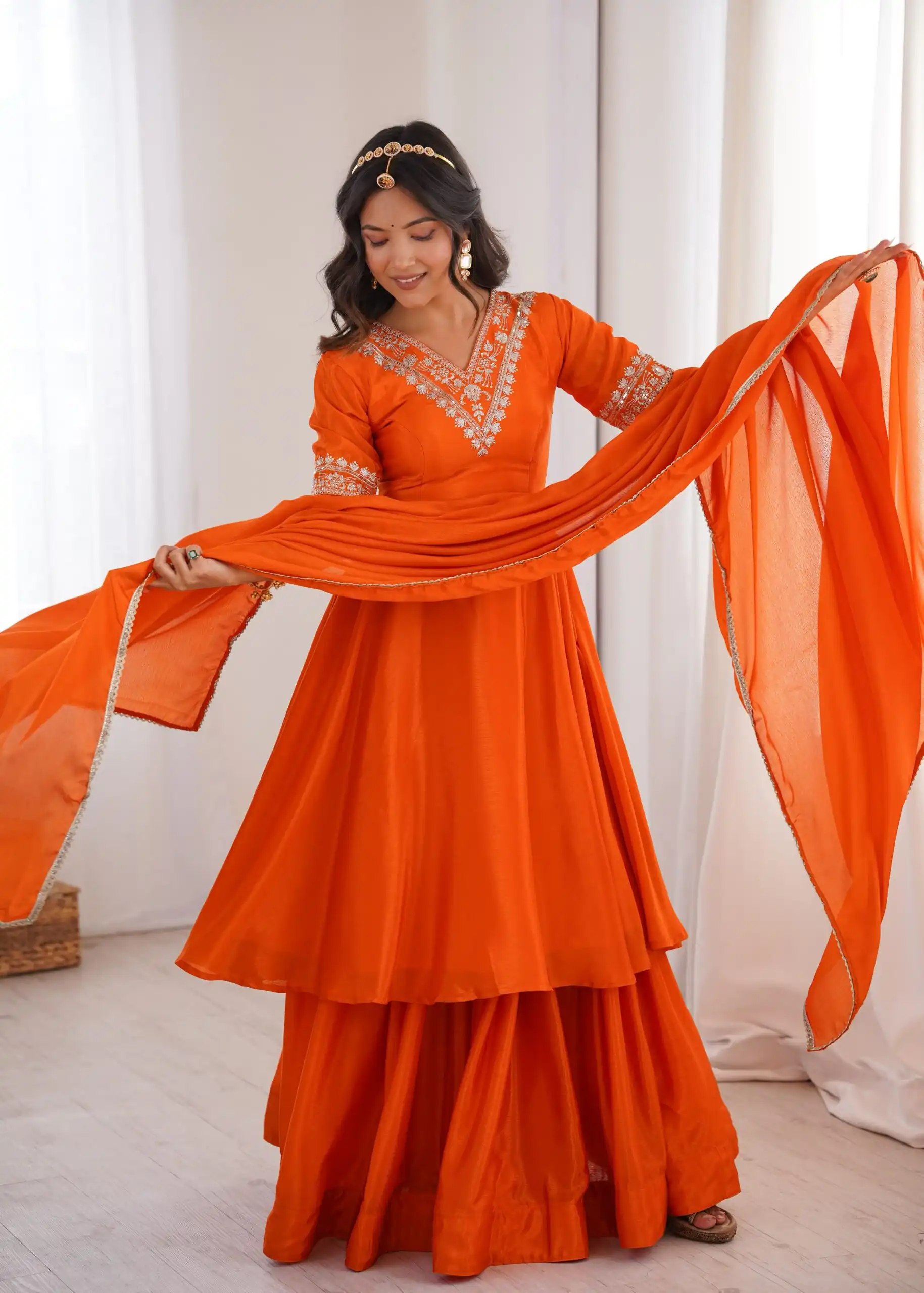 Glowing Orange Chinon Silk Sequin Work Salwar Suit