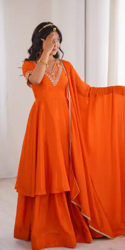 Glowing Orange Chinon Silk Sequin Work Salwar Suit