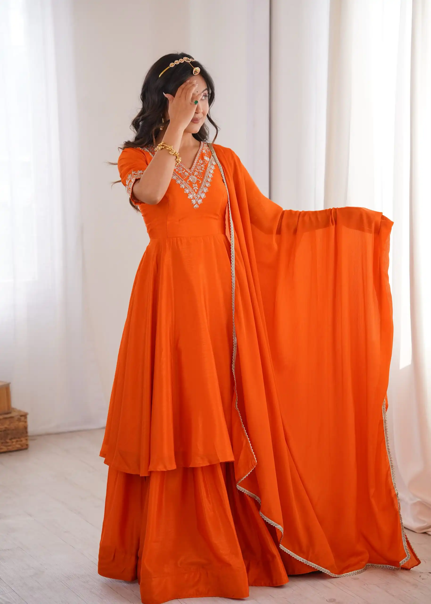 Glowing Orange Chinon Silk Sequin Work Salwar Suit