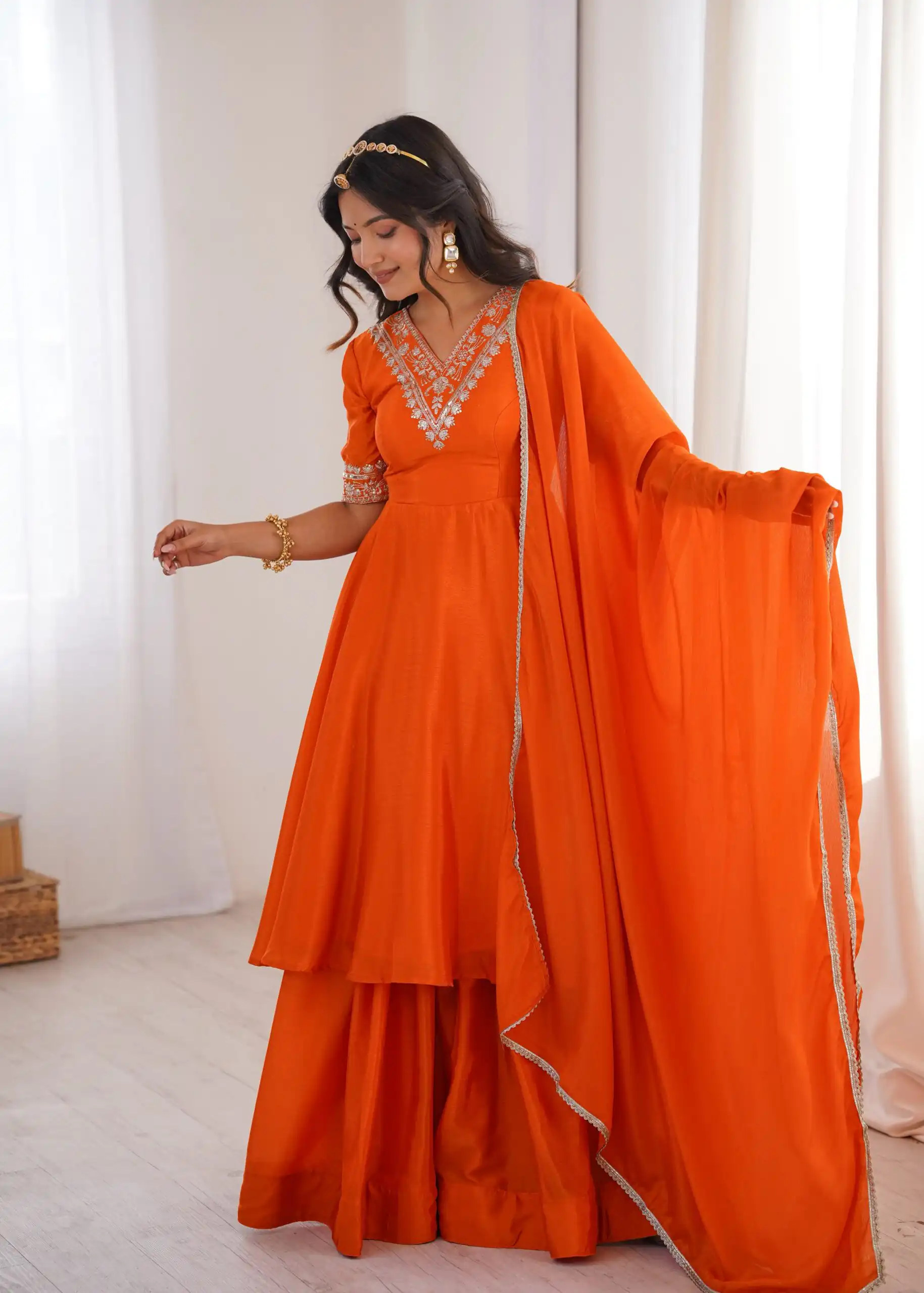 Glowing Orange Chinon Silk Sequin Work Salwar Suit