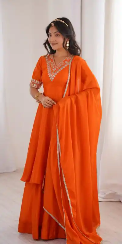 Glowing Orange Chinon Silk Sequin Work Salwar Suit