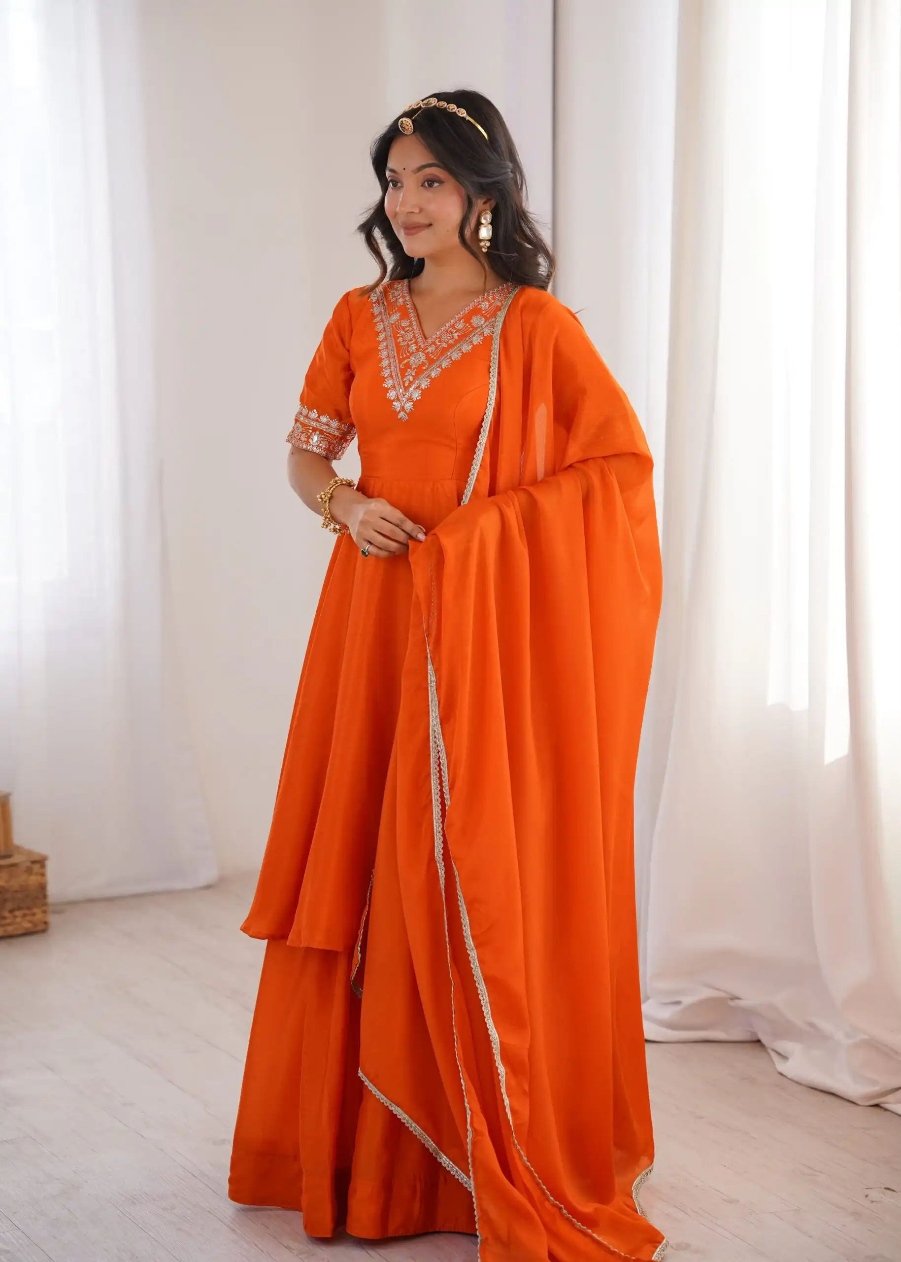 Glowing Orange Chinon Silk Sequin Work Salwar Suit