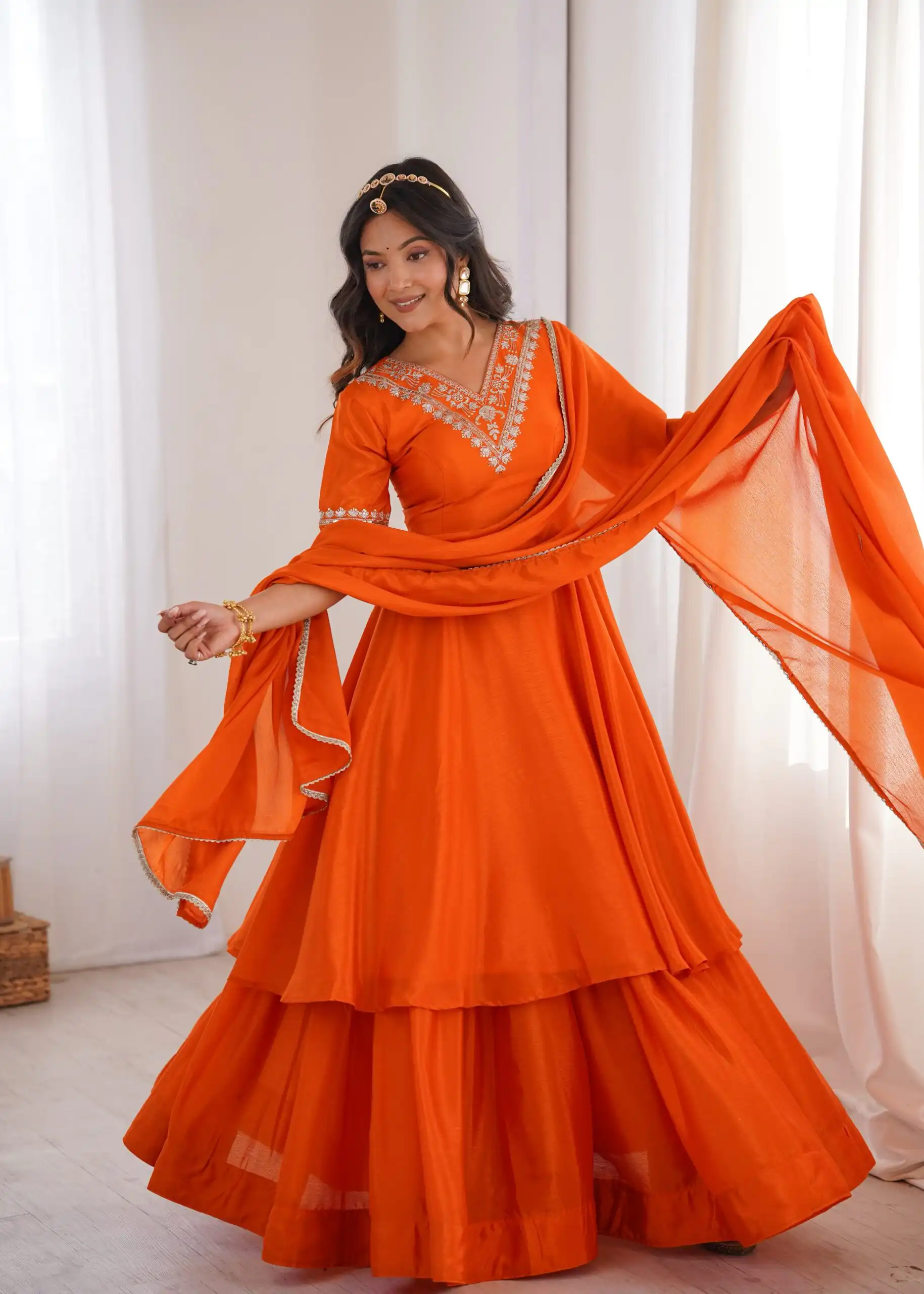 Glowing Orange Chinon Silk Sequin Work Salwar Suit