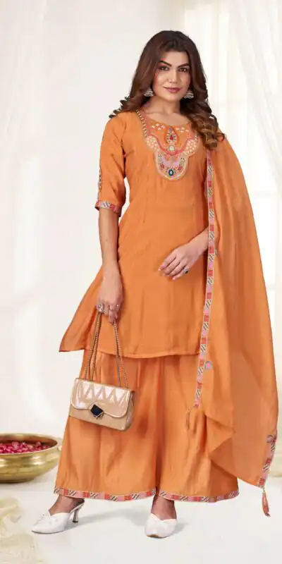 Glowing Orange Mal Chanderi Thread Work Salwar Suit