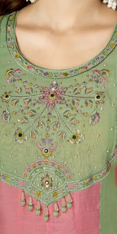 Glowing Peach Mal Chanderi Hand Work Salwar Suit