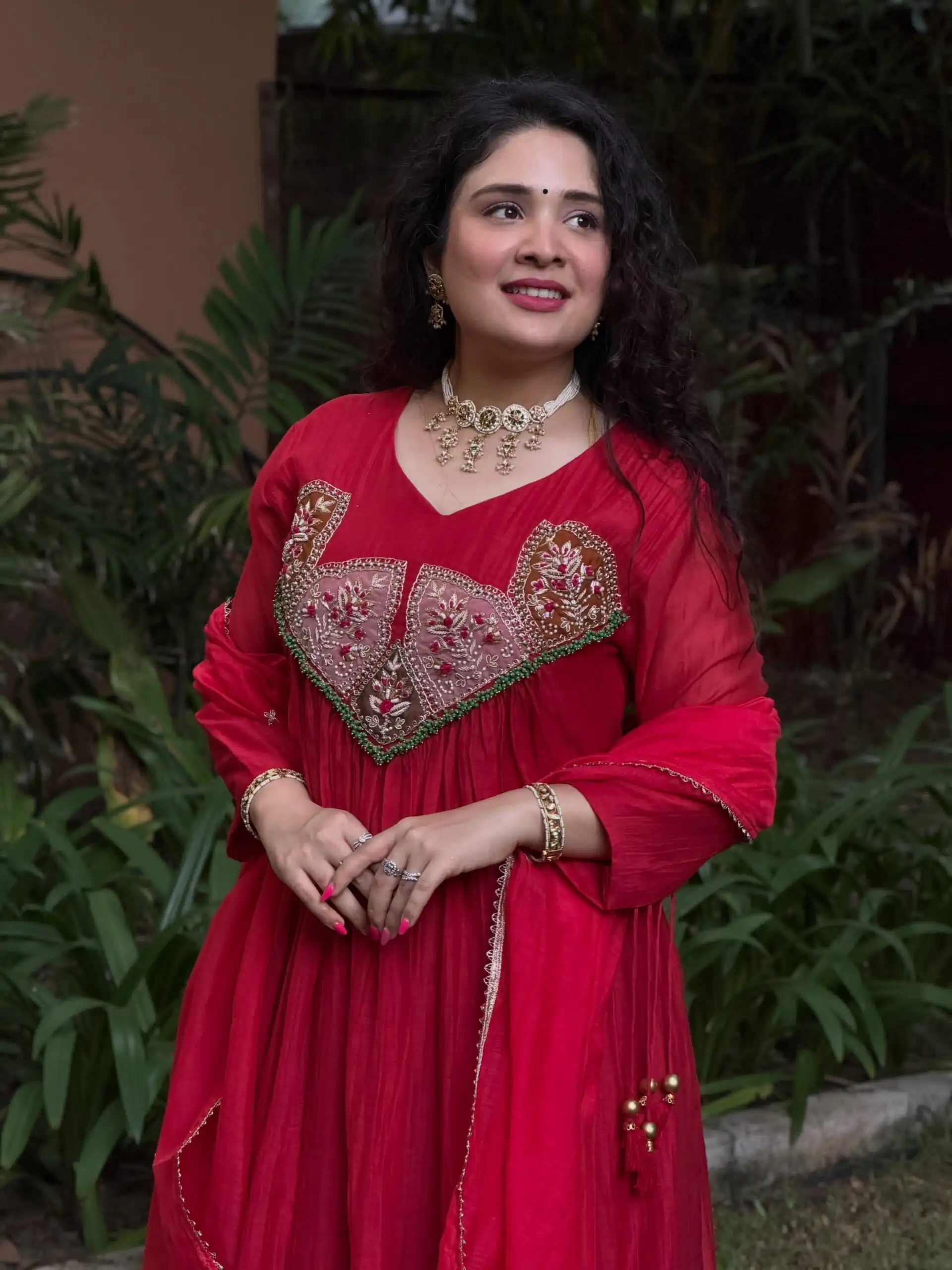 Glowing Red Mal Chanderi Sequins Work Salwar Suit