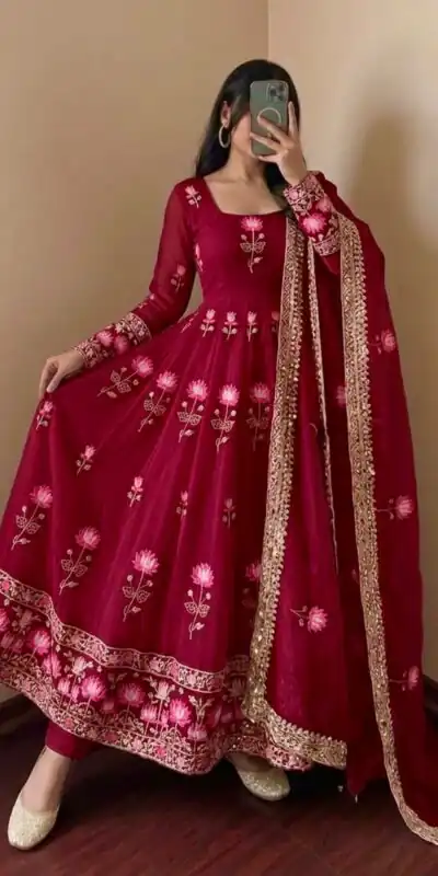 Gorgeous Maroon Faux Georgette Embroider Work Gown