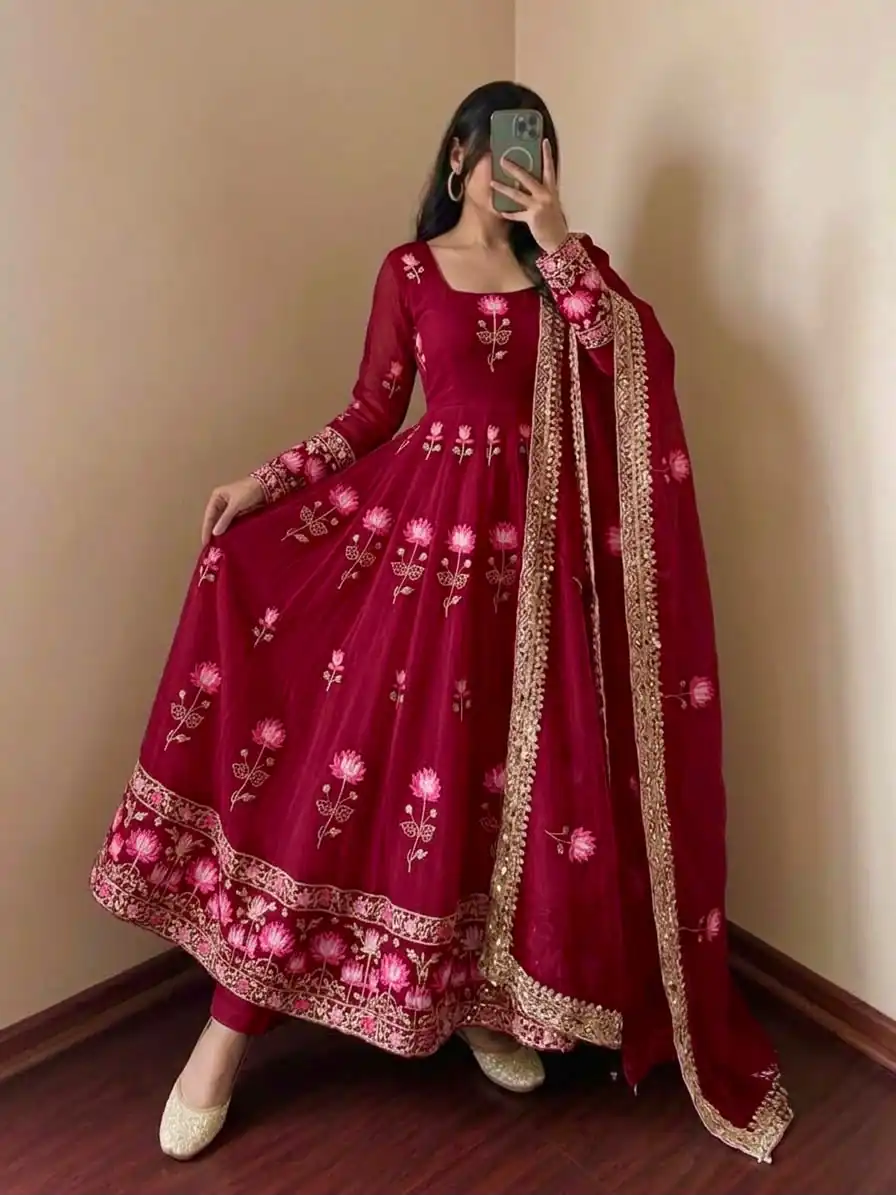Gorgeous Maroon Faux Georgette Embroider Work Gown