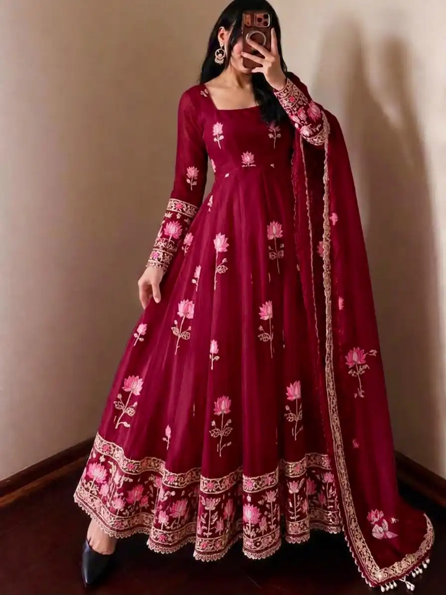 Gorgeous Maroon Faux Georgette Embroider Work Gown