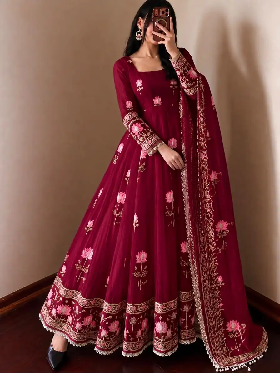 Gorgeous Maroon Faux Georgette Embroider Work Gown