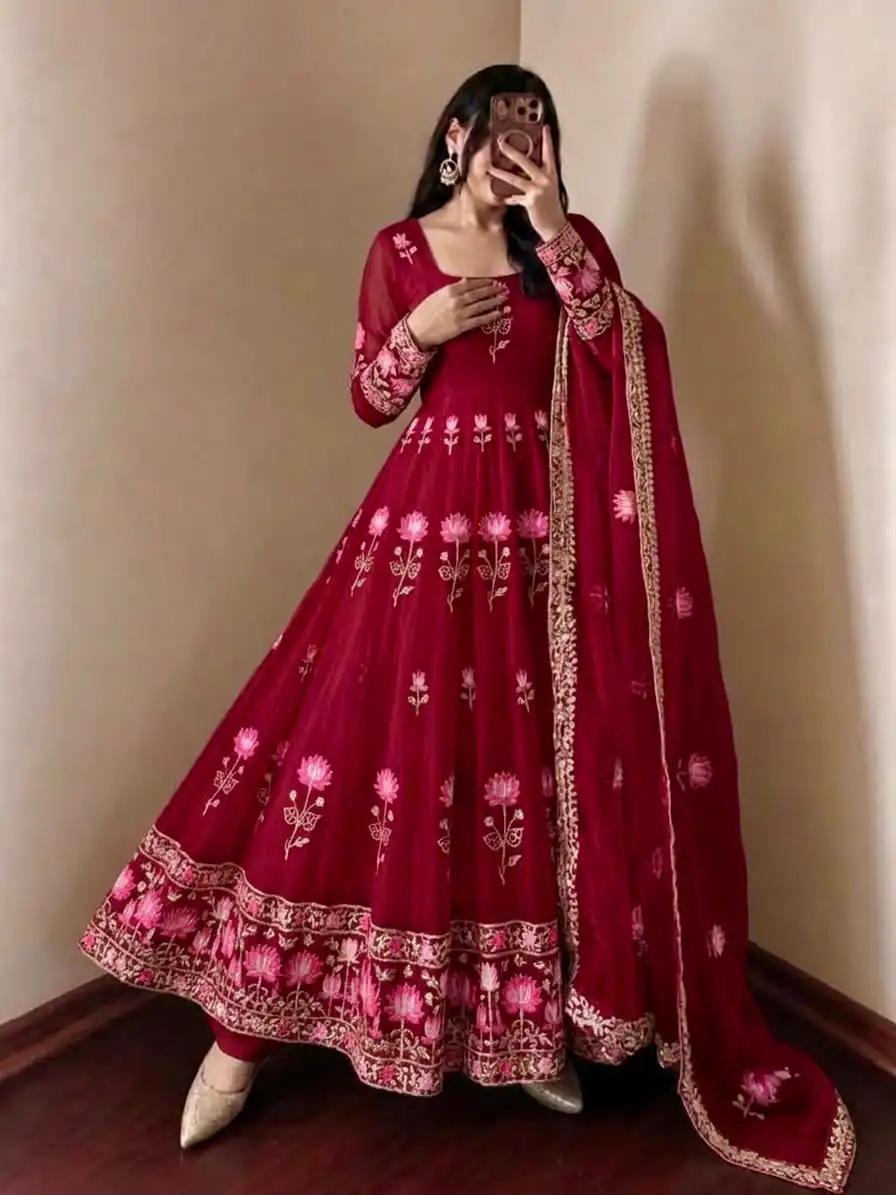 Gorgeous Maroon Faux Georgette Embroider Work Gown