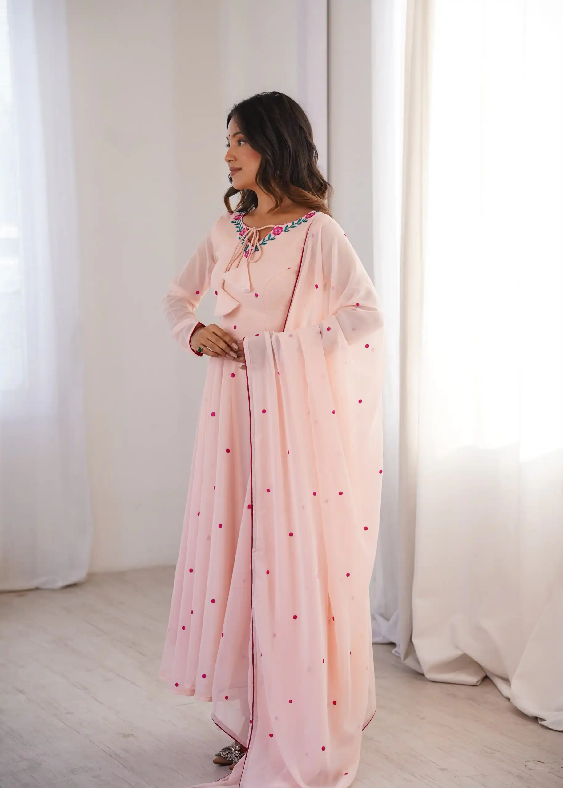 Gorgeous Pink Faux Georgette Embroidery Work Anarkali Suit