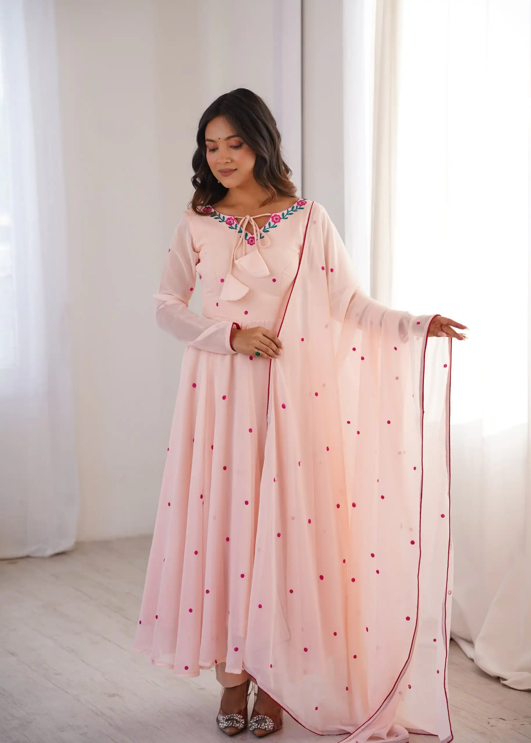 Gorgeous Pink Faux Georgette Embroidery Work Anarkali Suit