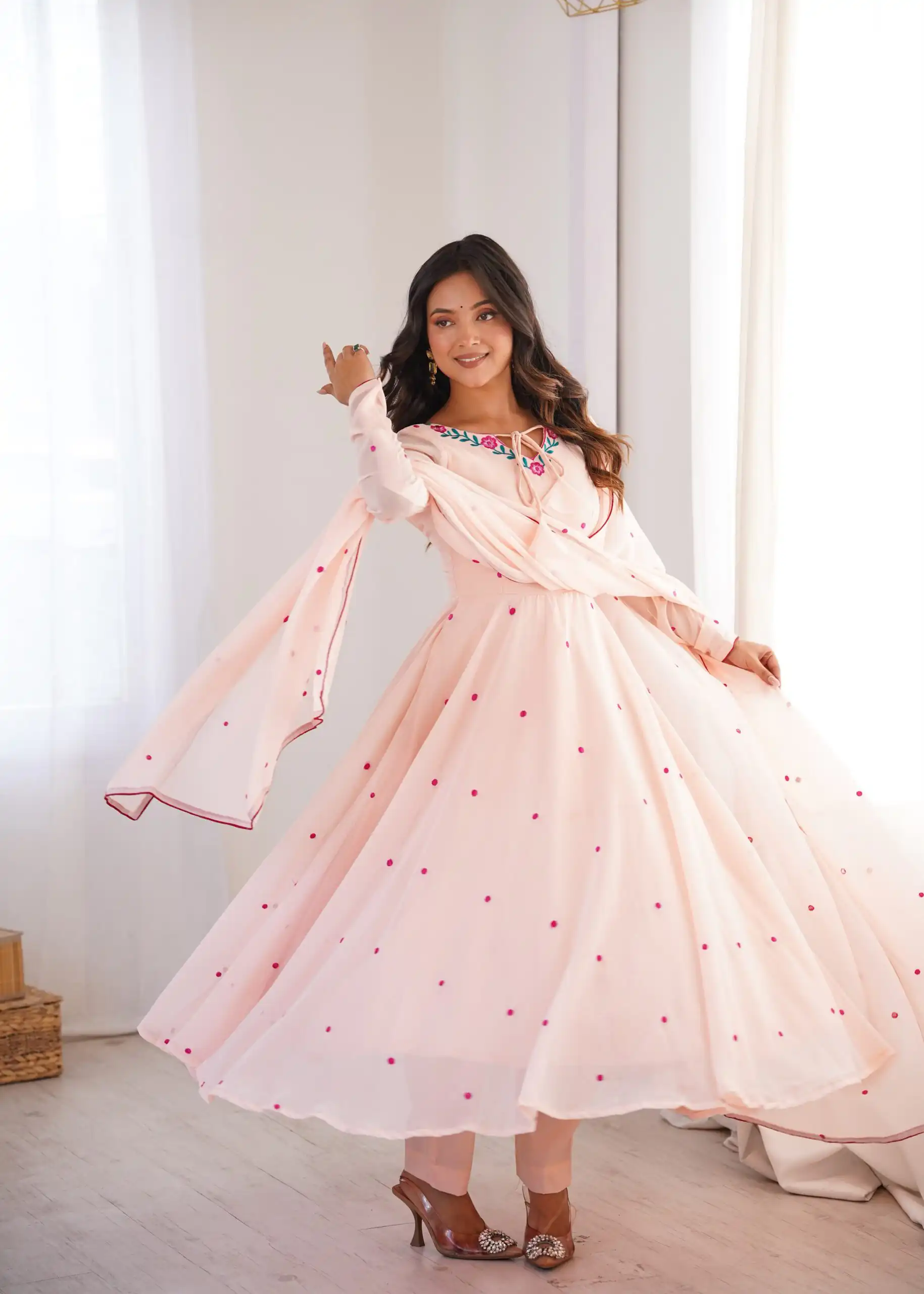 Gorgeous Pink Faux Georgette Embroidery Work Anarkali Suit
