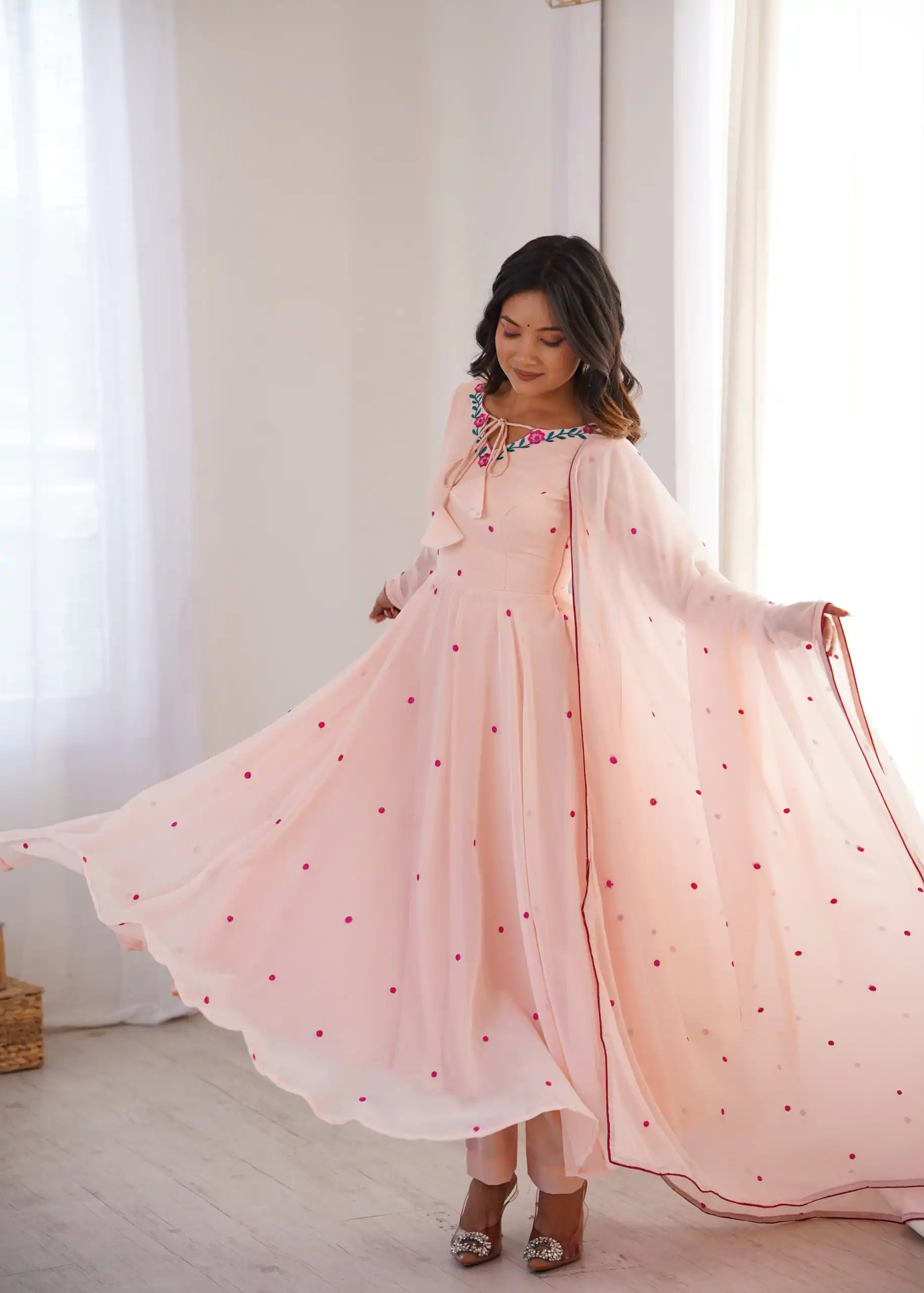 Gorgeous Pink Faux Georgette Embroidery Work Anarkali Suit