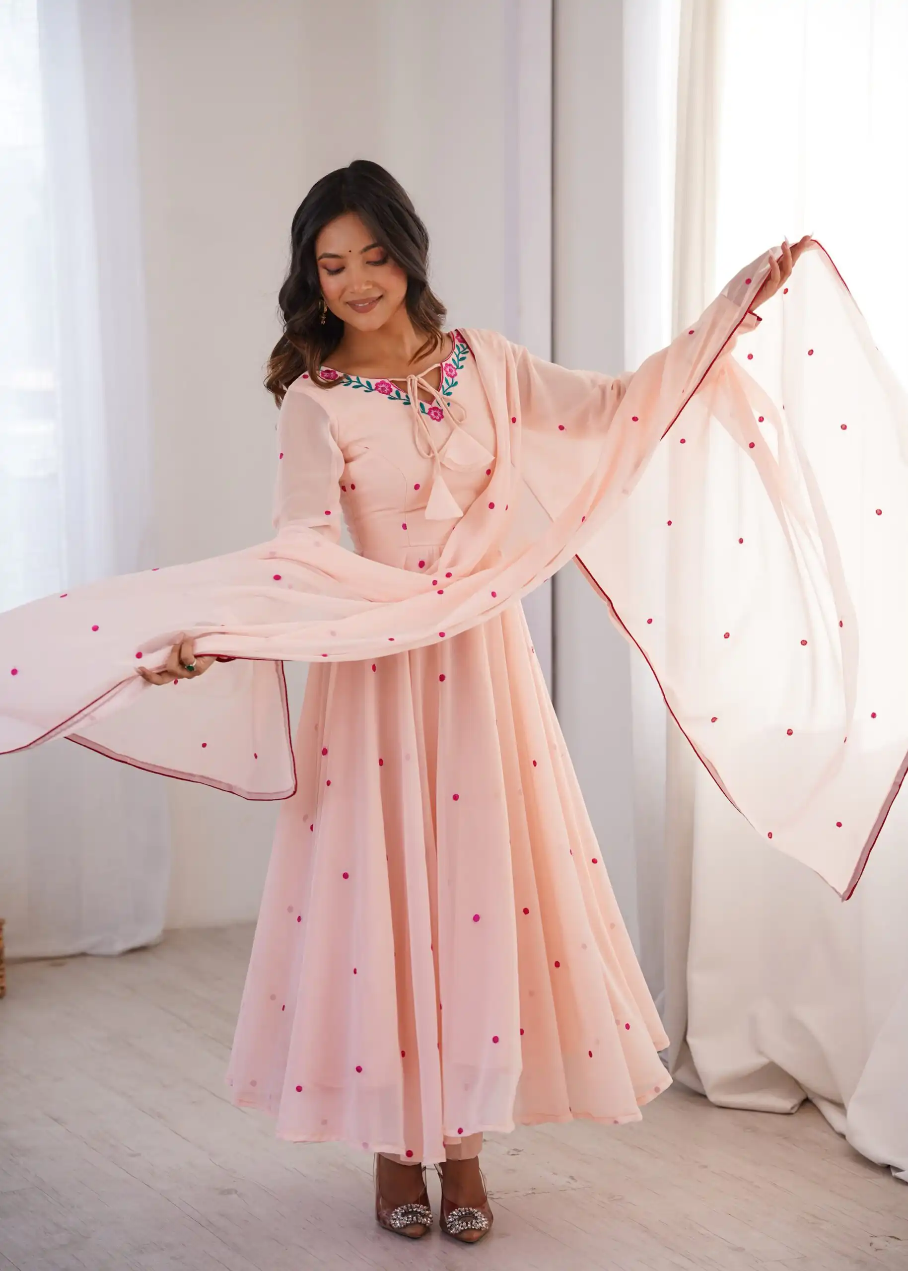 Gorgeous Pink Faux Georgette Embroidery Work Anarkali Suit