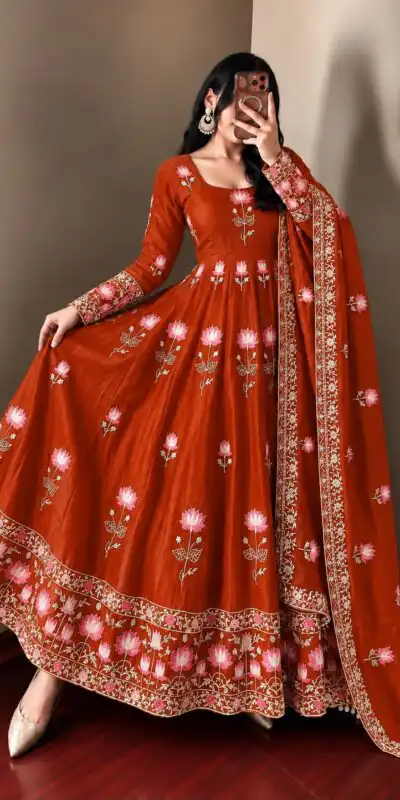 Gorgeous Rust Faux Georgette Embroider Work Gown