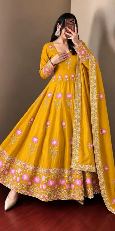 Gorgeous Yellow Faux Georgette Embroider Work Gown