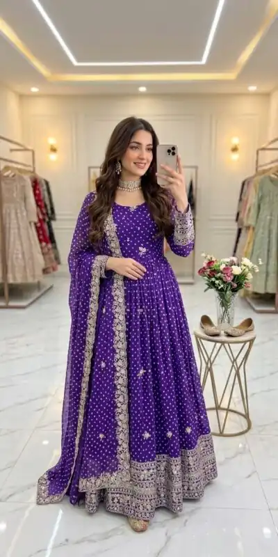 Great Purple Bandhani Print With Embroidery Work Gown