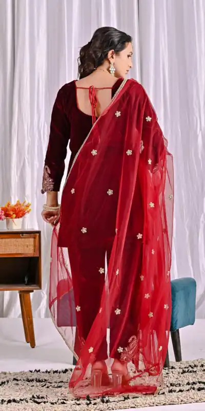Lovely Maroon Viscose Velvet Embroider Work Salwar Suit