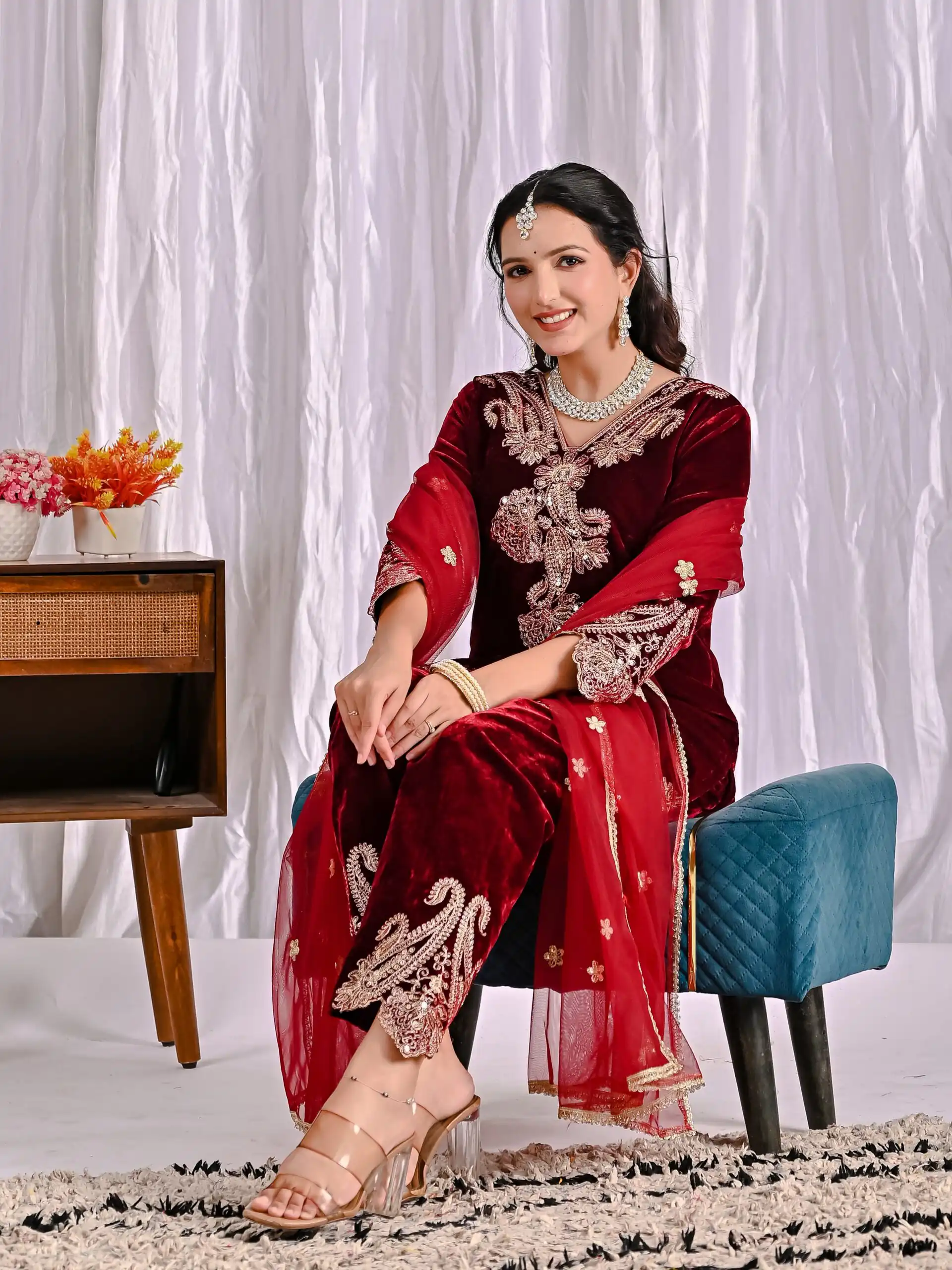 Lovely Maroon Viscose Velvet Embroider Work Salwar Suit