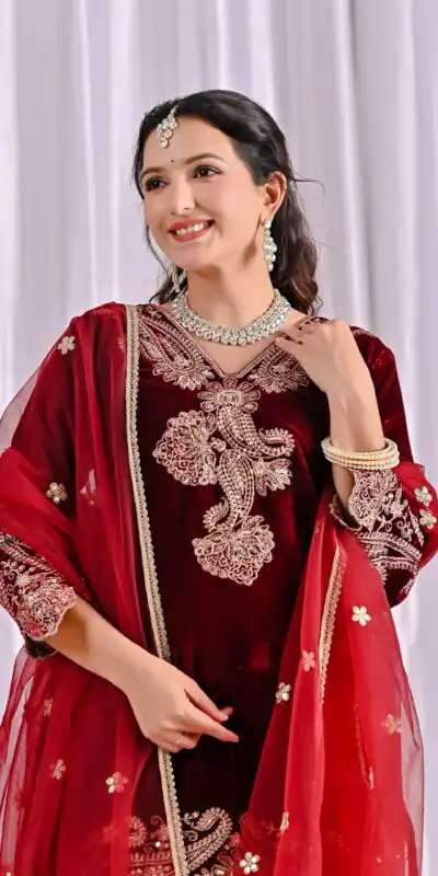 Lovely Maroon Viscose Velvet Embroider Work Salwar Suit