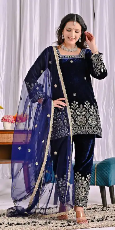 Lovely Navy Blue Viscose Velvet Embroider Work Salwar Suit