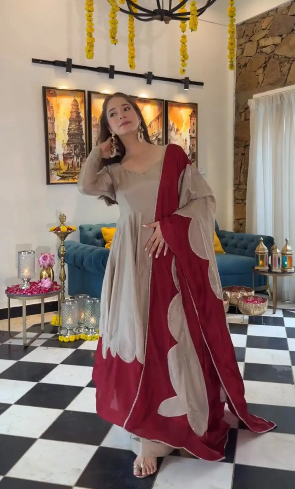 Lovely Off White Roman Silk Embroidery Work Gown