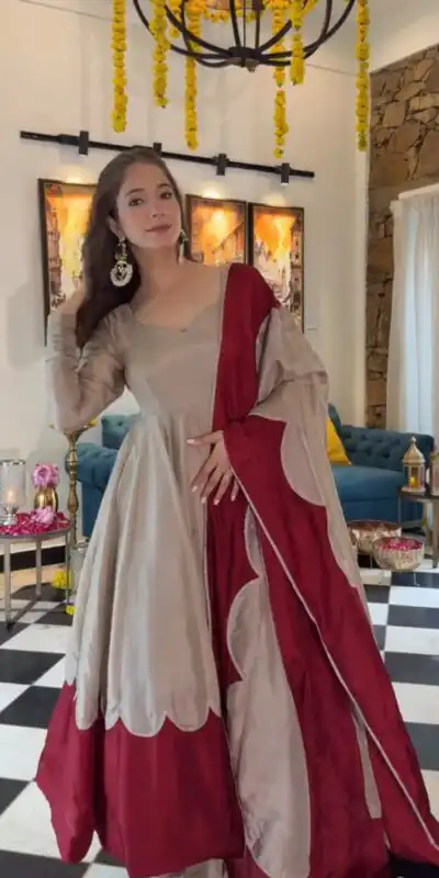 Lovely Off White Roman Silk Embroidery Work Gown