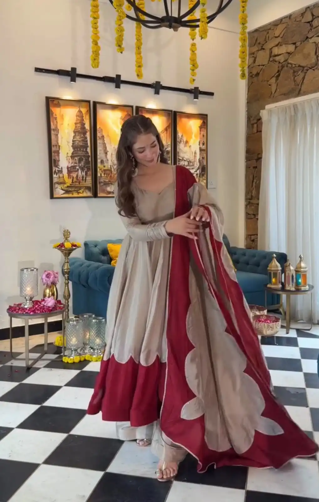 Lovely Off White Roman Silk Embroidery Work Gown