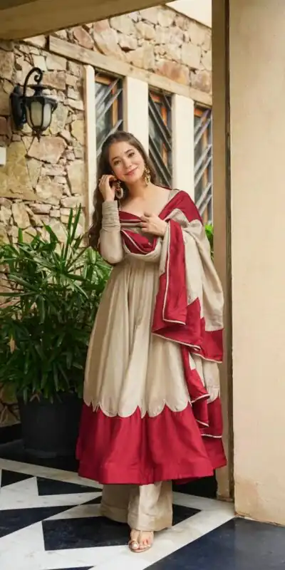 Lovely Off White Roman Silk Embroidery Work Gown