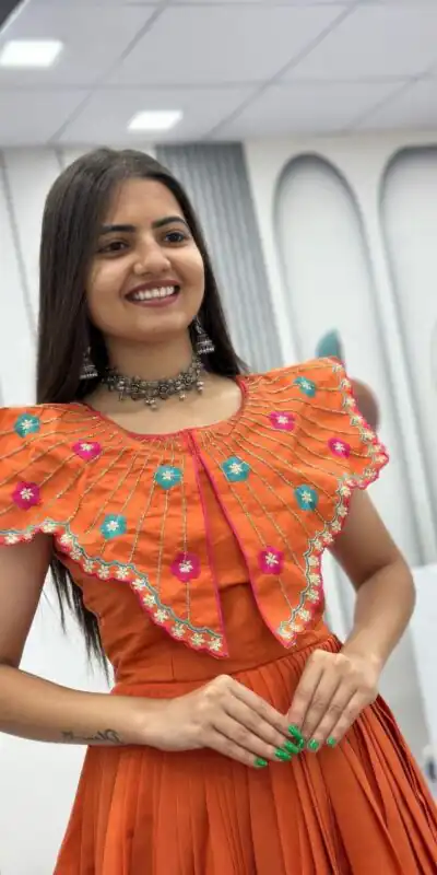 Lovely Orange Roman Thread Khatli Work Gown
