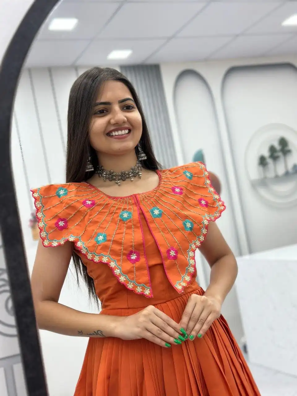 Lovely Orange Roman Thread Khatli Work Gown
