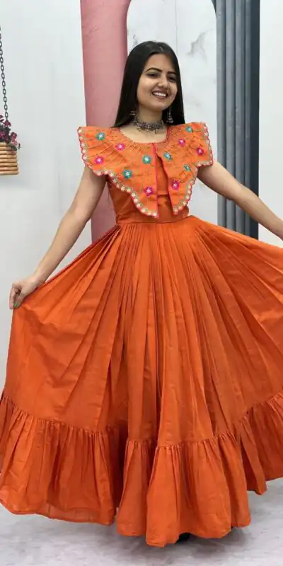 Lovely Orange Roman Thread Khatli Work Gown