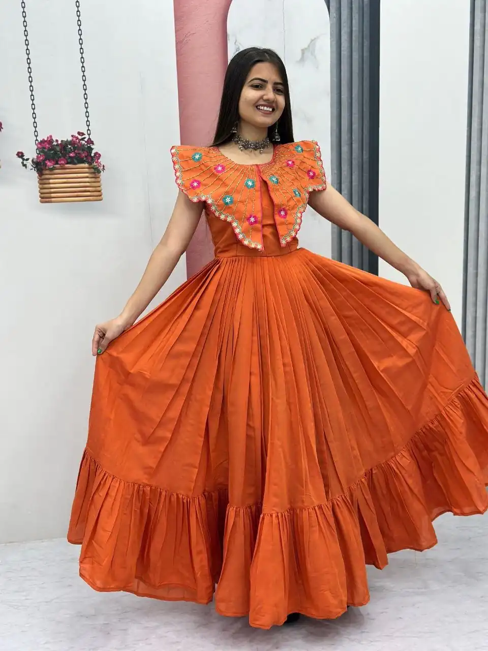 Lovely Orange Roman Thread Khatli Work Gown