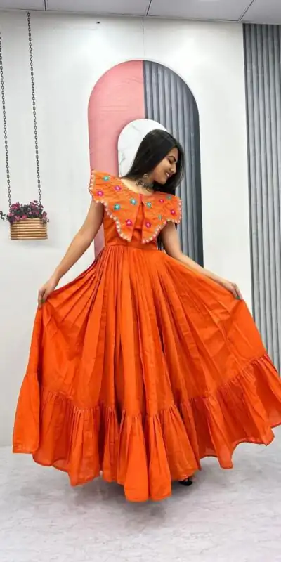 Lovely Orange Roman Thread Khatli Work Gown