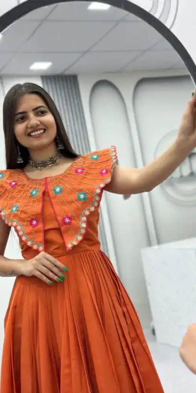 Lovely Orange Roman Thread Khatli Work Gown
