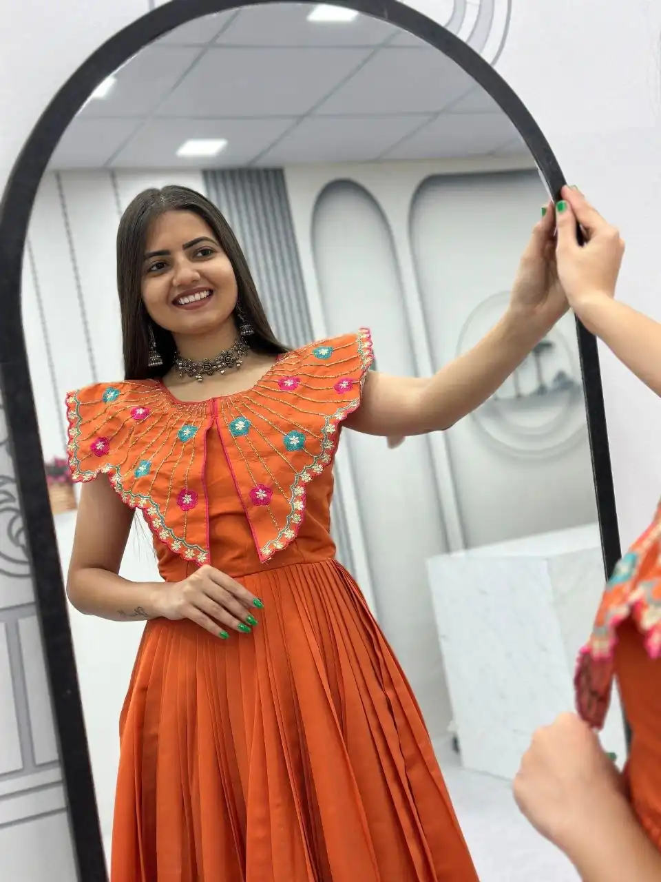 Lovely Orange Roman Thread Khatli Work Gown