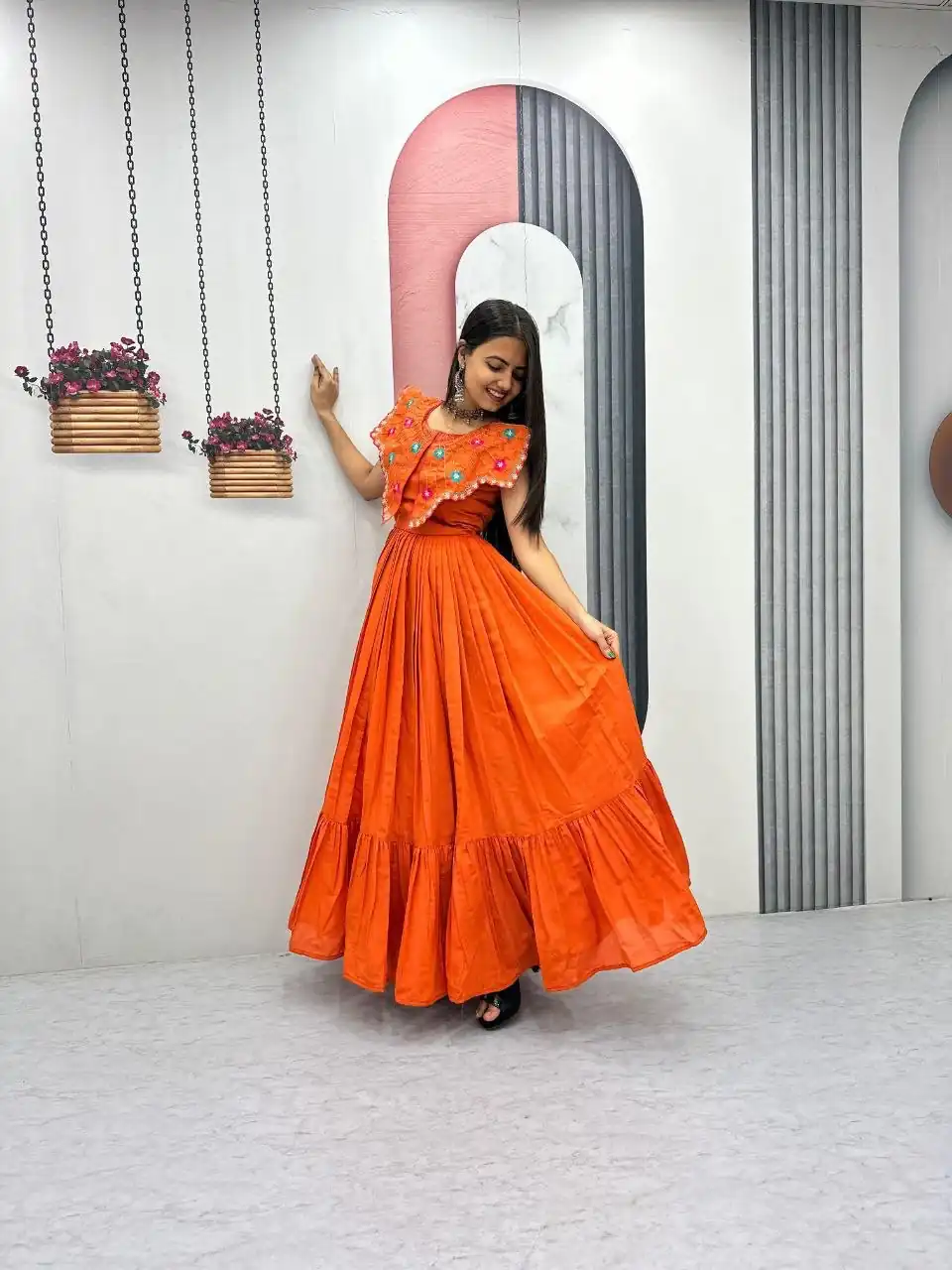 Lovely Orange Roman Thread Khatli Work Gown