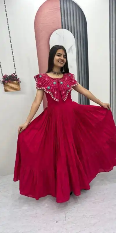 Lovely Pink Roman Thread Khatli Work Gown