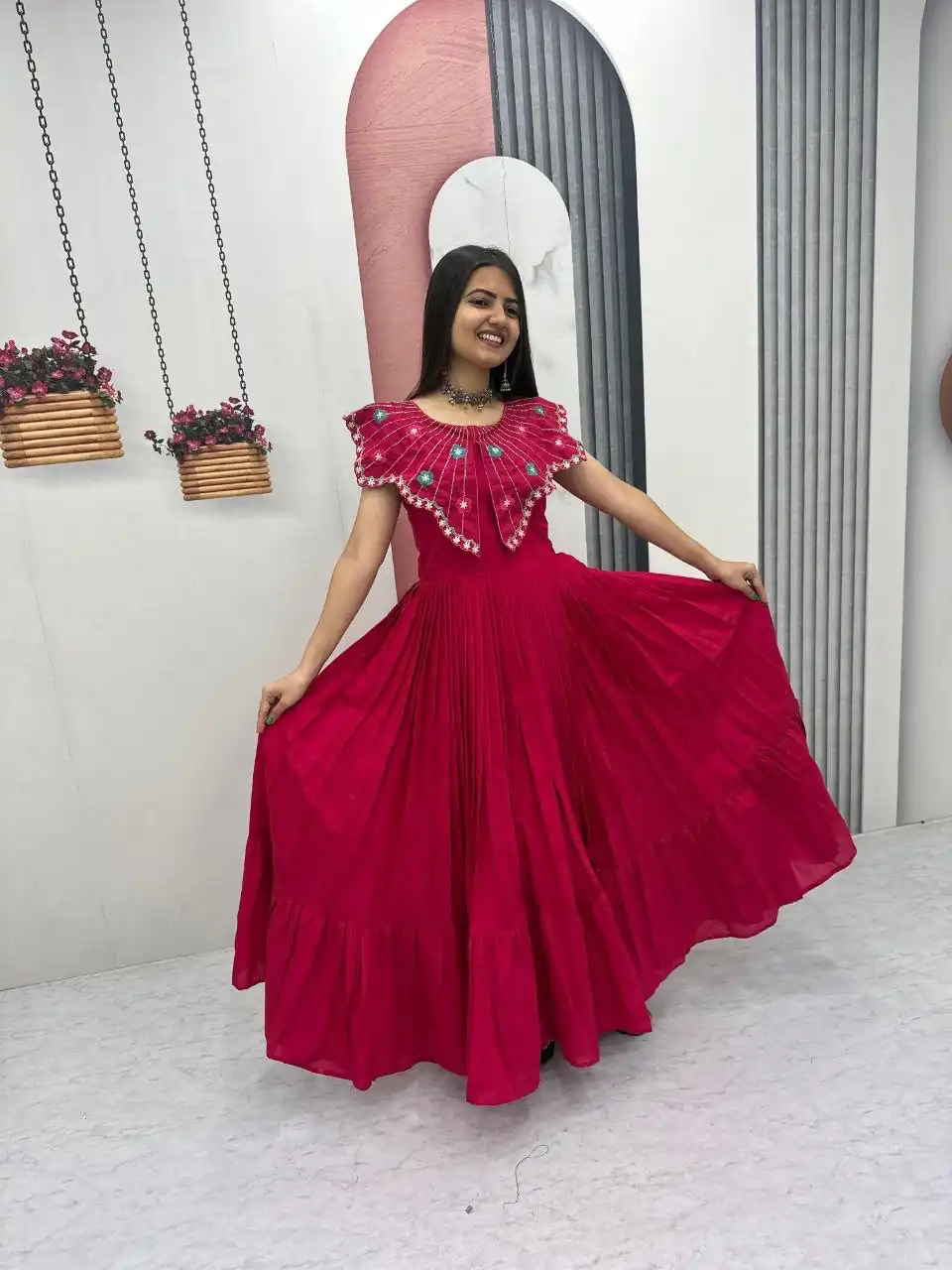 Lovely Pink Roman Thread Khatli Work Gown