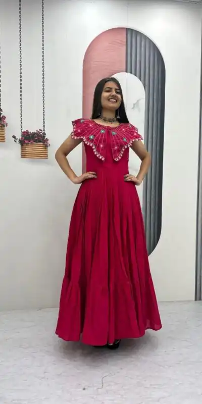 Lovely Pink Roman Thread Khatli Work Gown