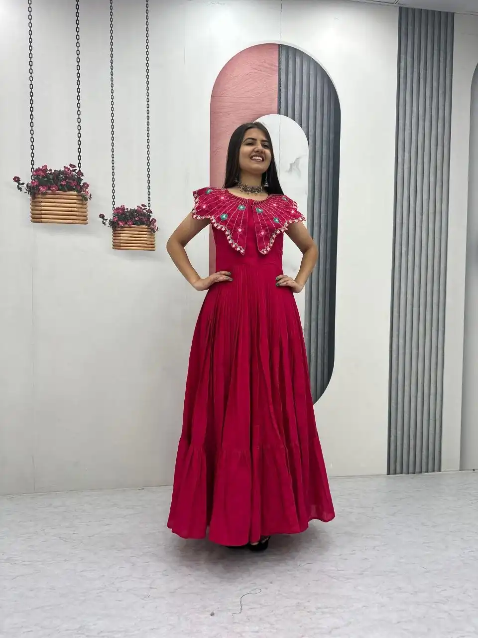 Lovely Pink Roman Thread Khatli Work Gown