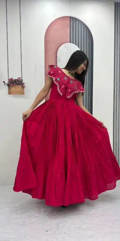 Lovely Pink Roman Thread Khatli Work Gown