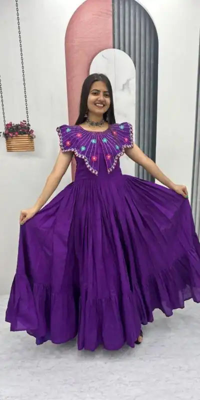 Lovely Purple Roman Thread Khatli Work Gown